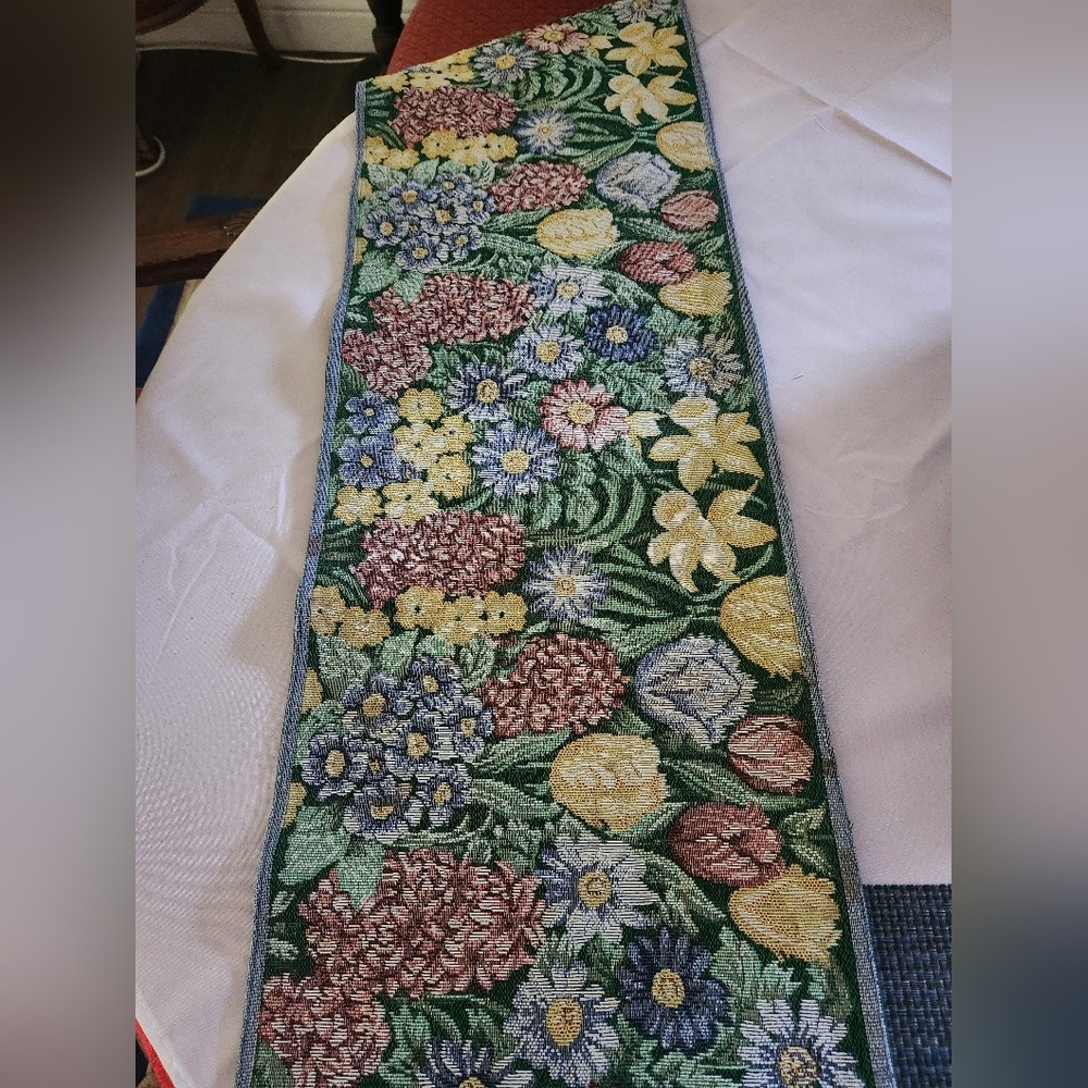 Vtg Floral Tapestry Style Table Runner Green Blue Yellow Cottagecore 72X13"